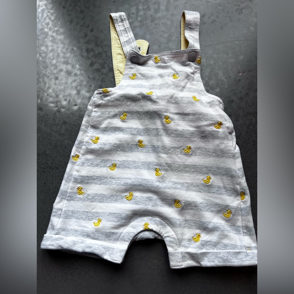 Pure Baby Overalls 12-18 month grey and white stripe with yellow ducks